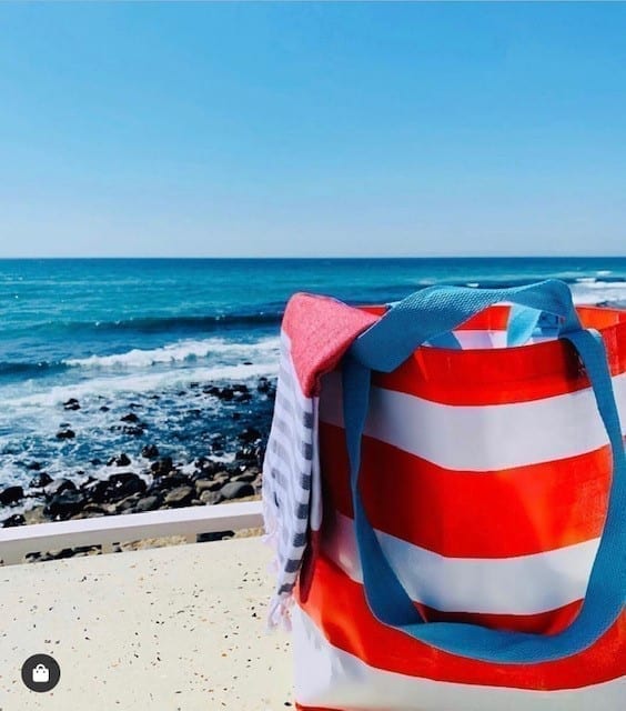 mooleii red and white stripe small beach bag