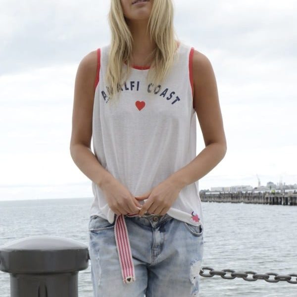 amalfi singlet top in white with red trim