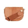 front view of leather fabric strap of zara vintage tan saddle bag