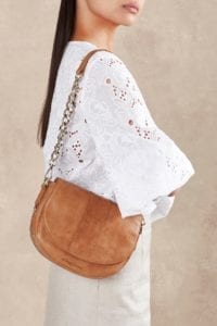 chain leather strap of zara vintage tan saddle bag worn by model on shoulder