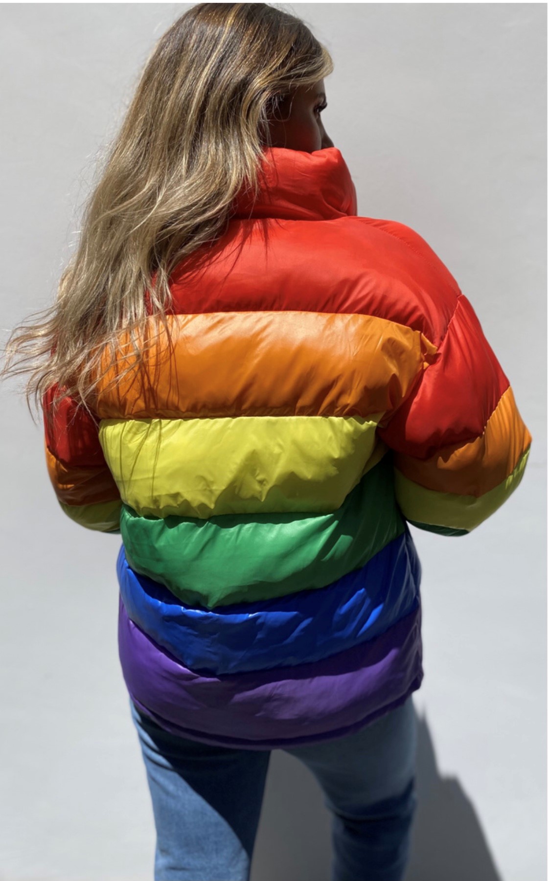 metallic rainbow puffer jacket
