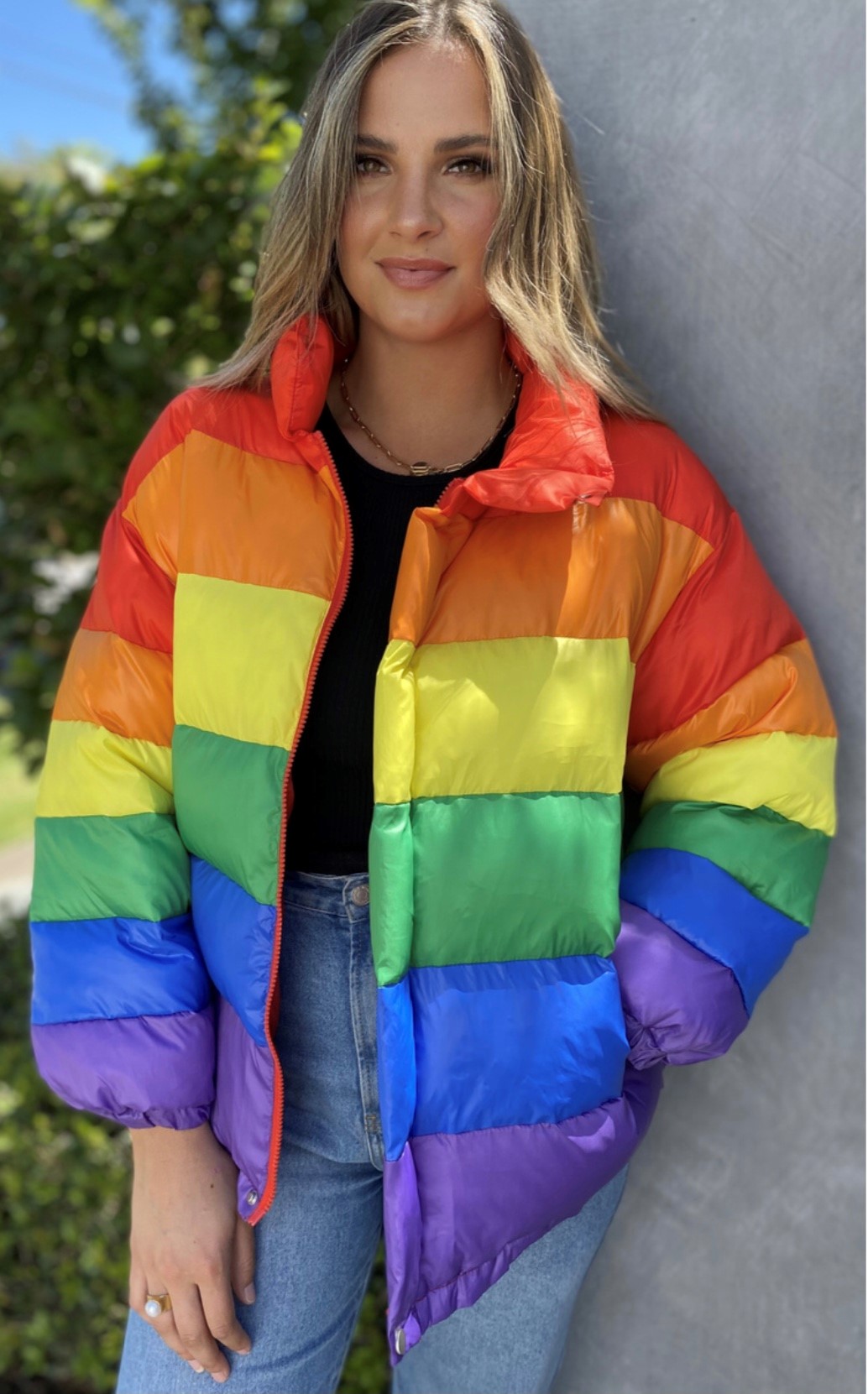 metallic rainbow puffer jacket