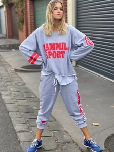 front view of grey sweater with hammill sport written in red