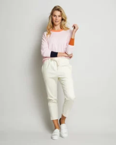 blush knit with coloured cuffs and round neck