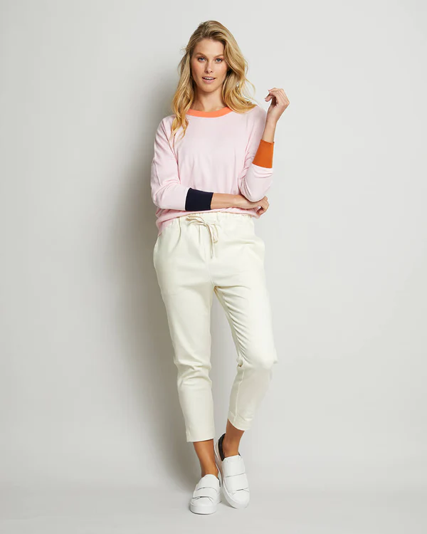 blush knit with coloured cuffs and round neck