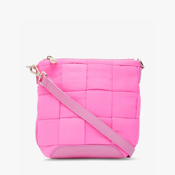 small fabric neon pink crossbody bag with thin strap