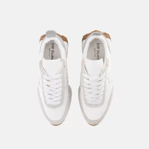 front view of white leather sneakers | DOF celeste