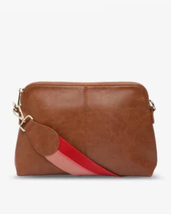 tan faux leather crossbody bag with fabric strap