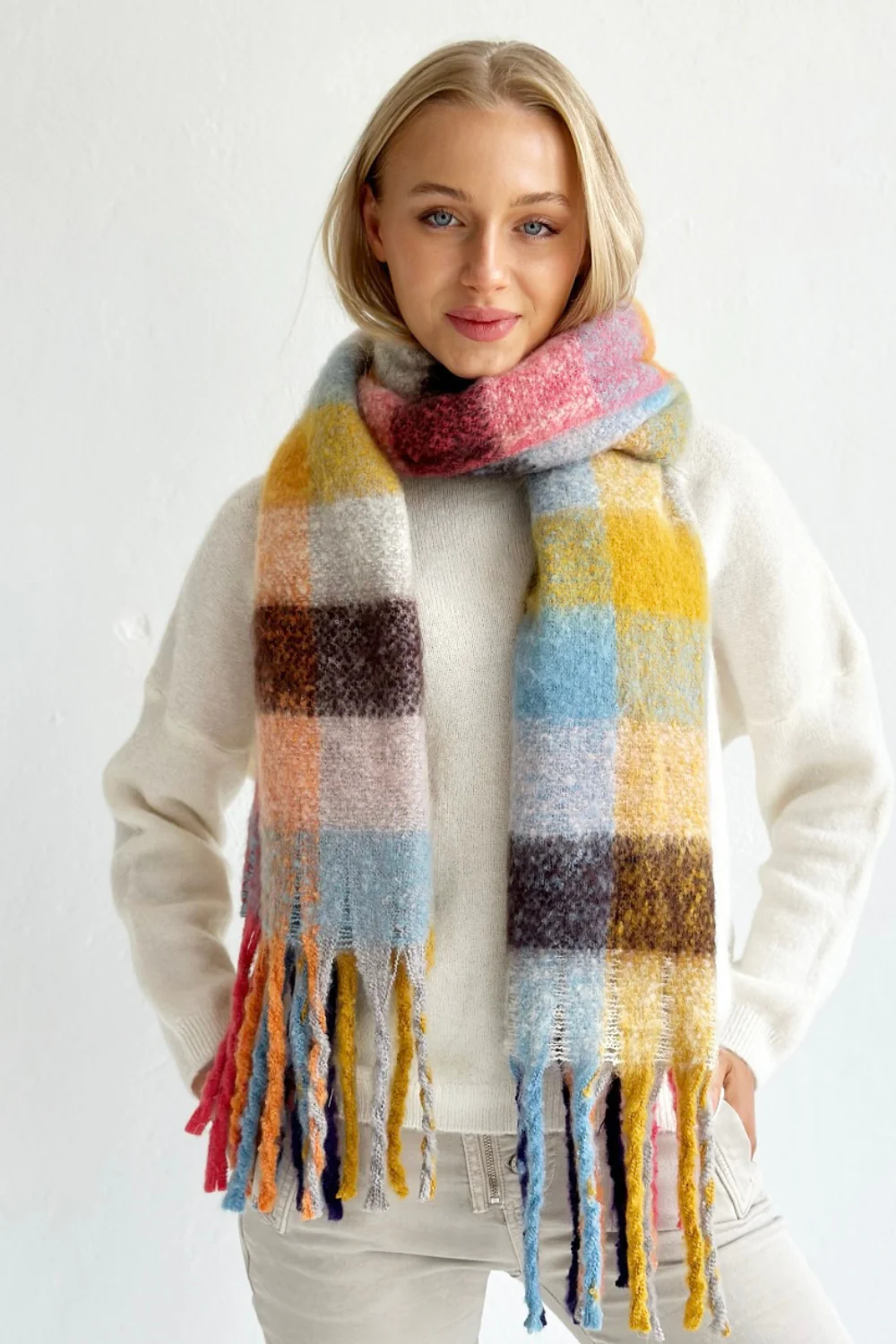 scarf with bright color squares with tassels