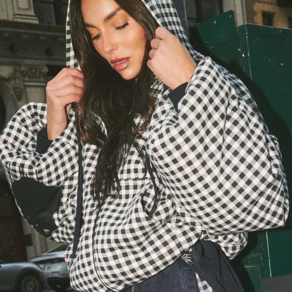 THE BE HAPPY PADDED BOMBER | gingham
